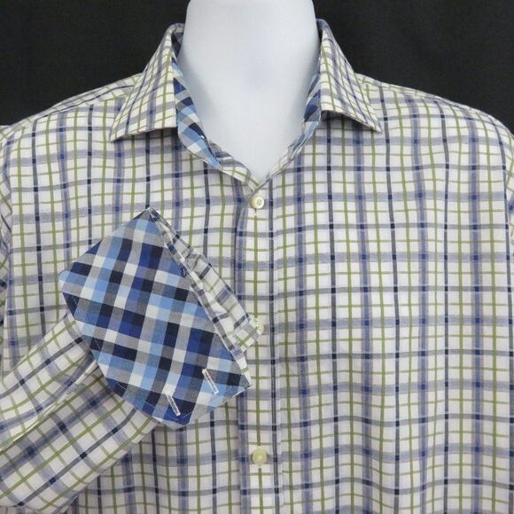 Thomas Dean Blue Green Plaid Shirt LS  Flip Cuff - Picture 1 of 8